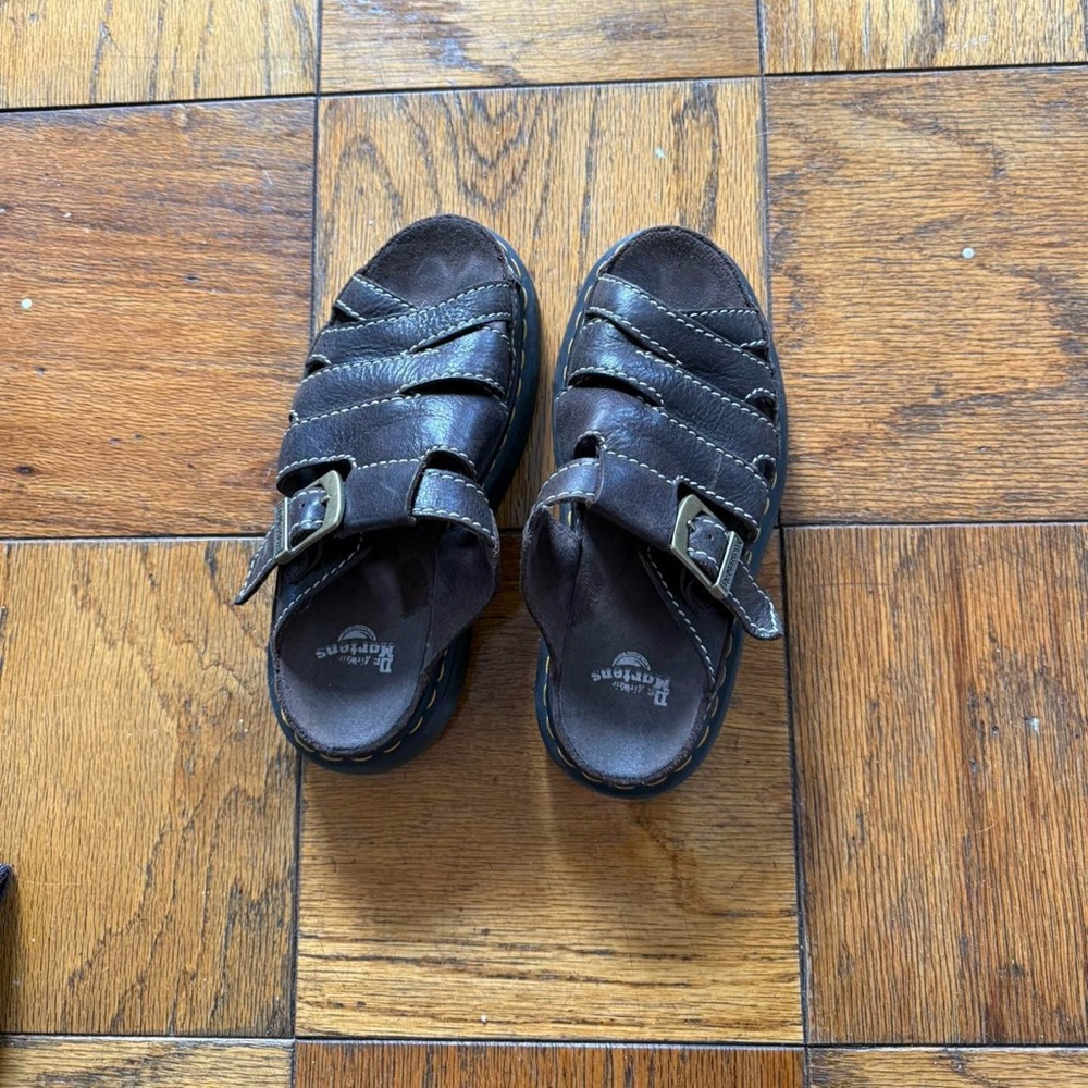 Dr. Martens Maxxy Slide Dark Brown Leather Woven Slide Sandals - Picture 2 of 6